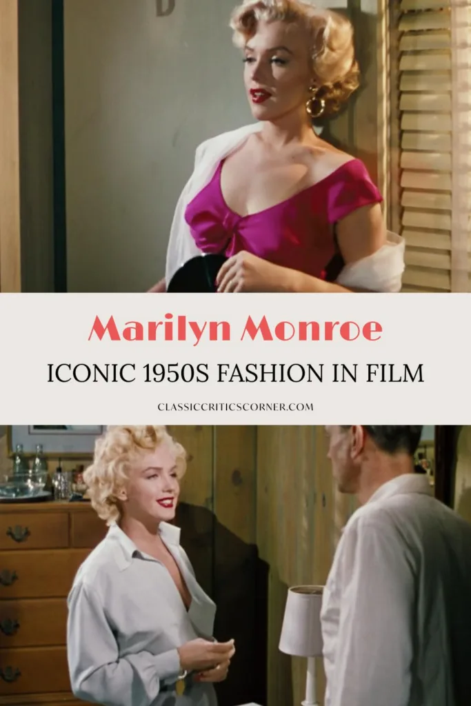 Marilyn Monroe wearing 1950s outfits and fashion in the film Niagara, with the text "Marilyn Monroe, Iconic 1950s fashion in Film"