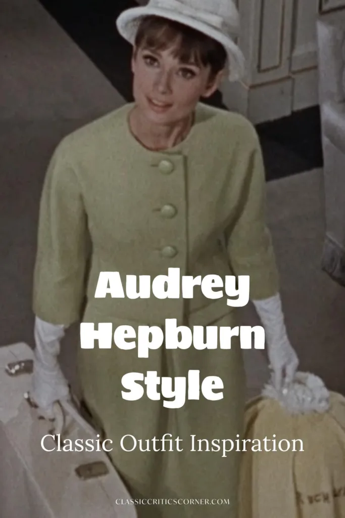 Audrey Hepburn is wearing 1960s fashion in Paris When It Sizzles, with the text overlay, "Audrey Hepburn Style, Classic Outfit Inspiration"