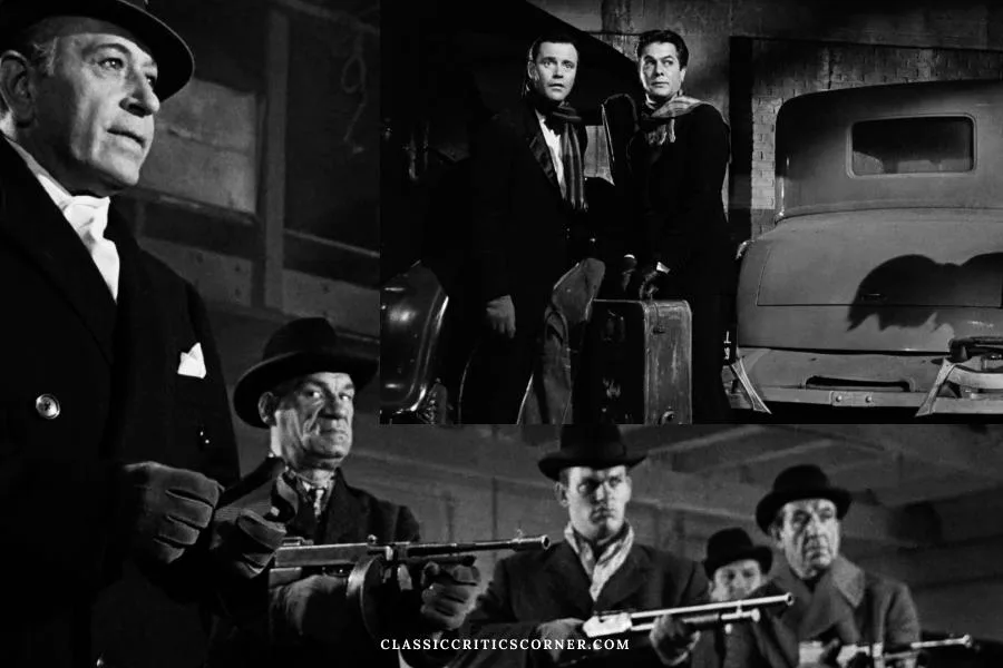 Image is a synopsis of the movie showing two musicians witnessing a mob shooting, so they have to go on the run undercover as male musicians, and all characters in picture are wearing vintage style outfits