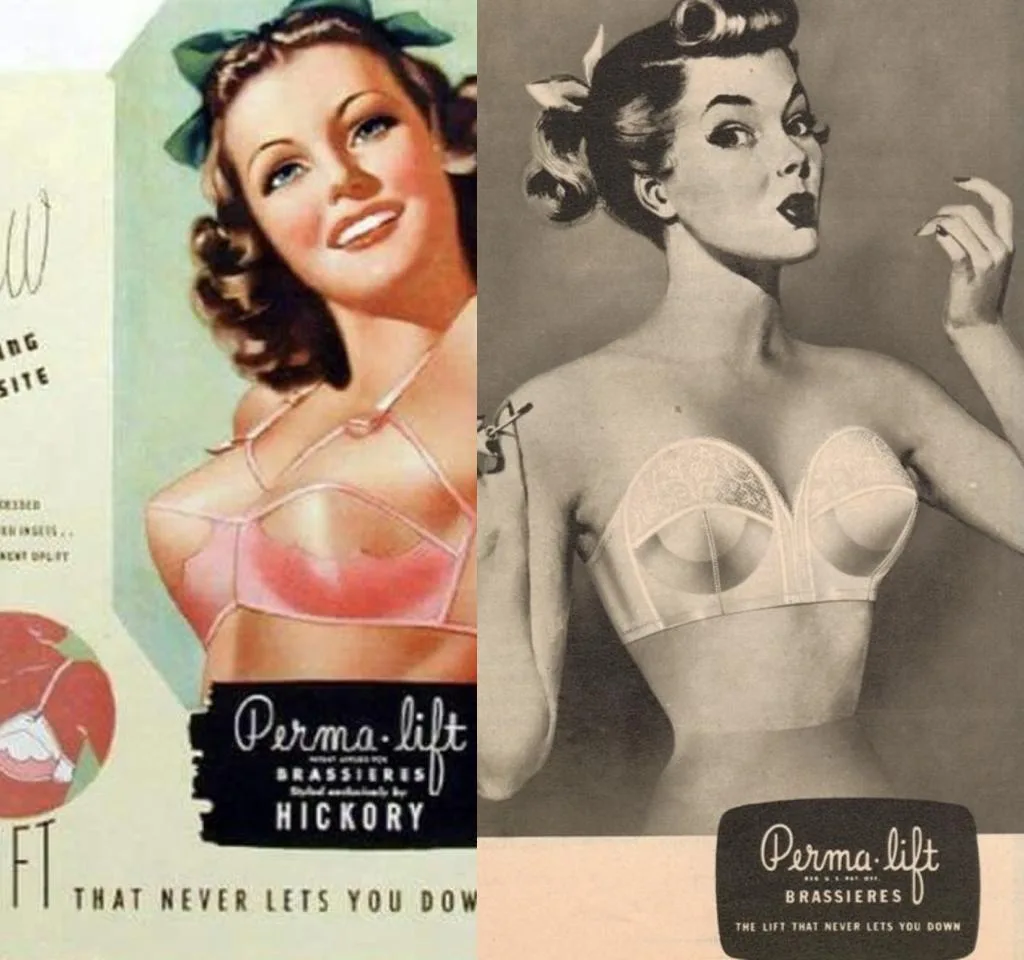 Images of Permalift bullet bra ads from the 1950s