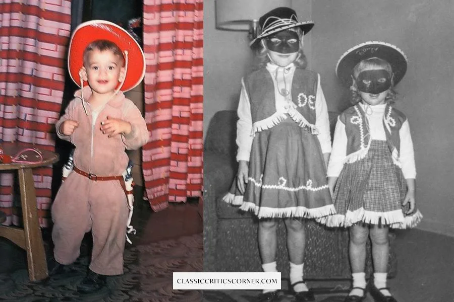 Images of a little boy dressed as a cowboy in the 1950s for Halloween, and two sisters dressed as cowgirls for Halloween in 1959, excited to showoff their 1950s Halloween costumes