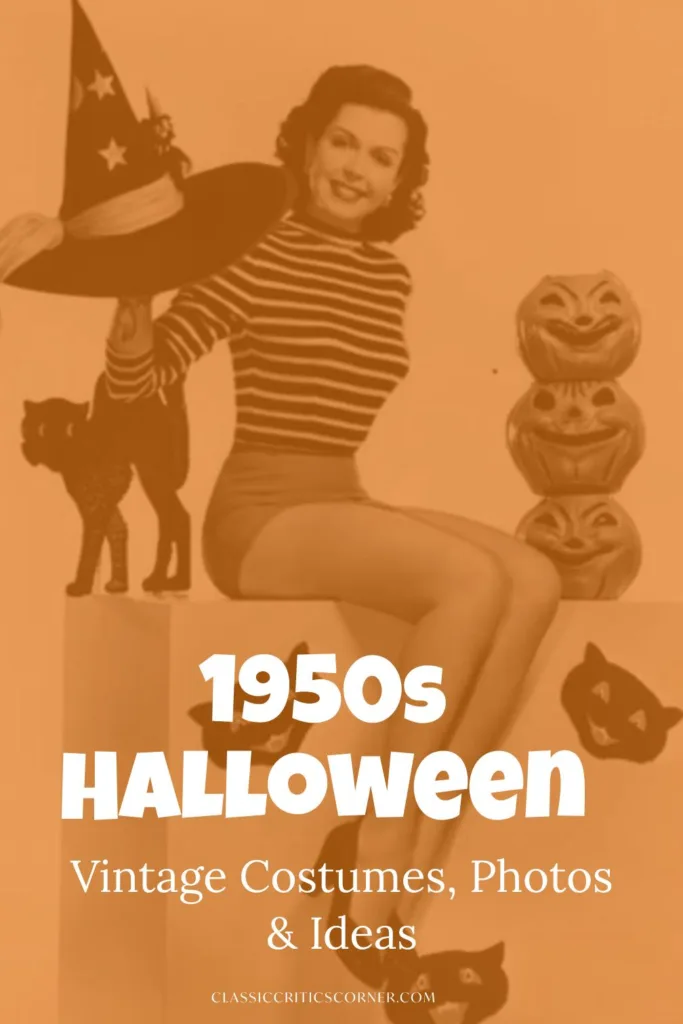 Image of Ann Miller a legendary singer and dancer in the 1950s dressed as a Halloween pin-up girl for her Halloween costume, with text overlay "1950s Halloween, vintage costumes, photos, & ideas"