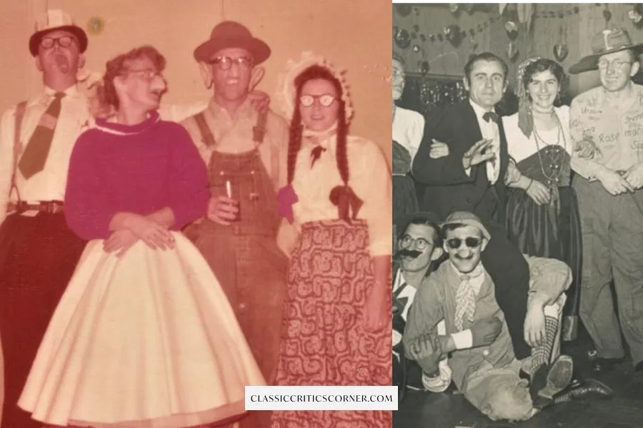 Images of adults dressing up in fun vintage costumes for 1950s Halloween parties