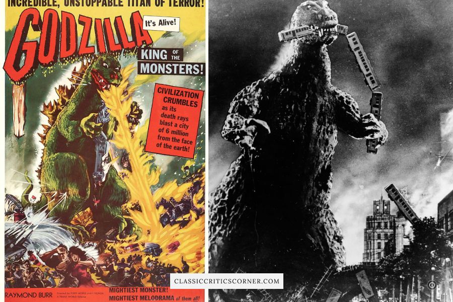 Images from the 1950s movie "Godzilla King of the Monsters"