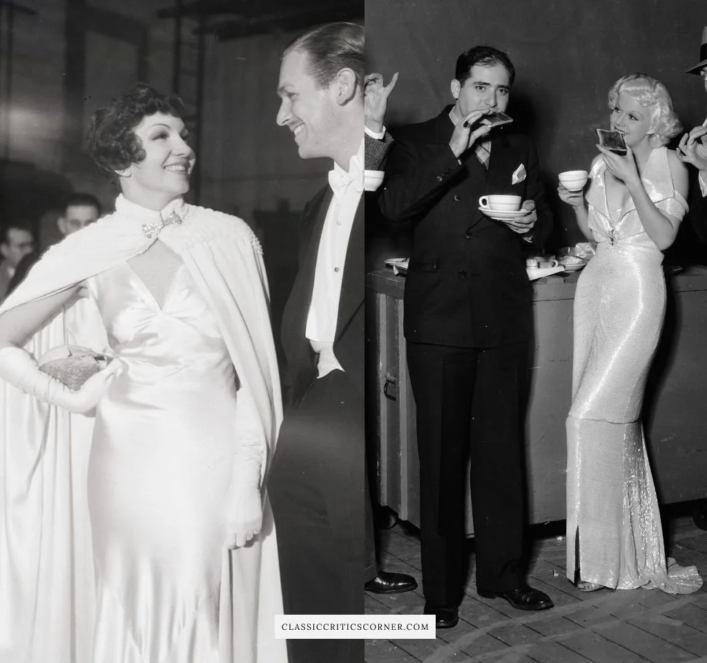 Images of Claudette Colbert and Jean Harlow wearing 1930s evening gowns for the holidays