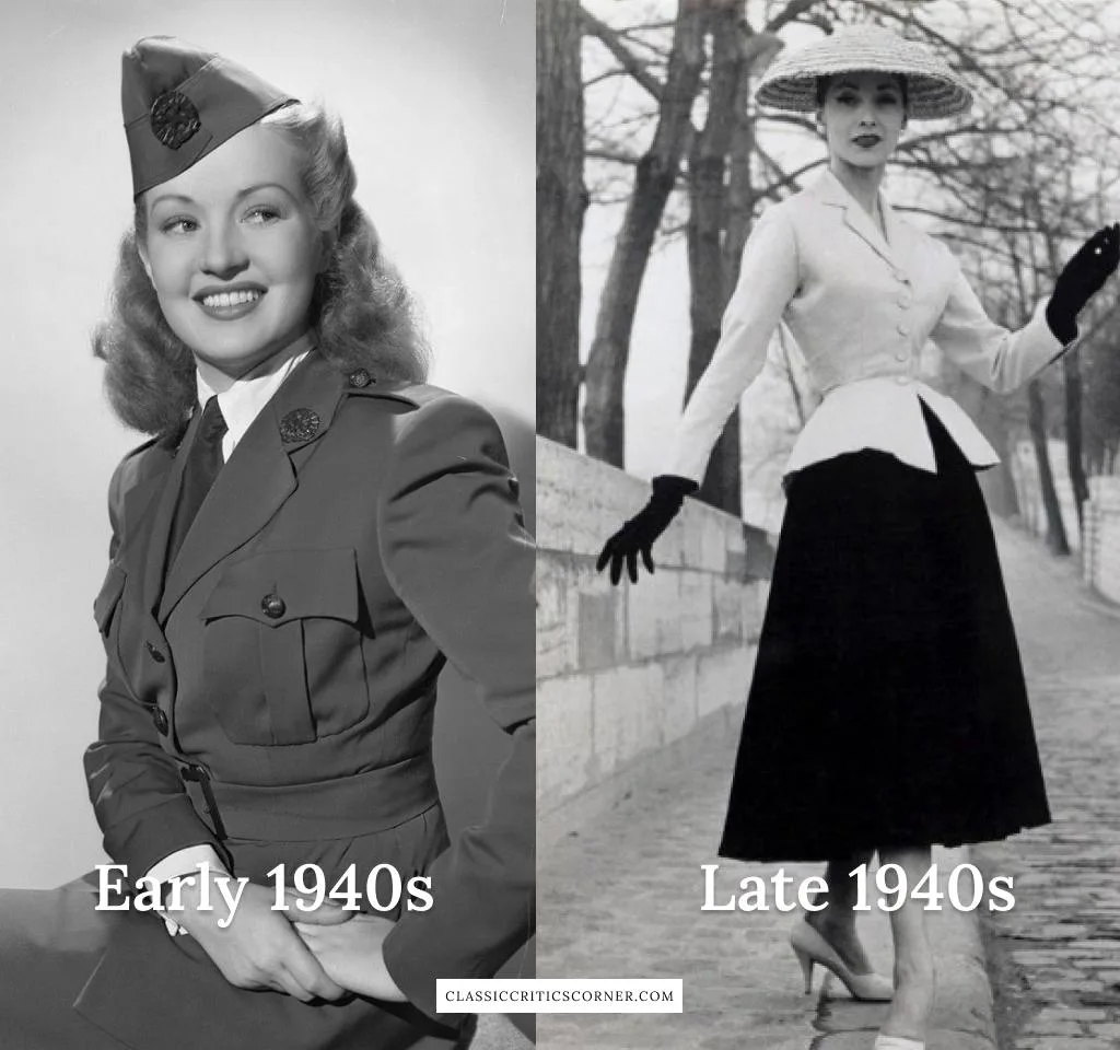 Images of early 1940s fashion and late 1940s fashion