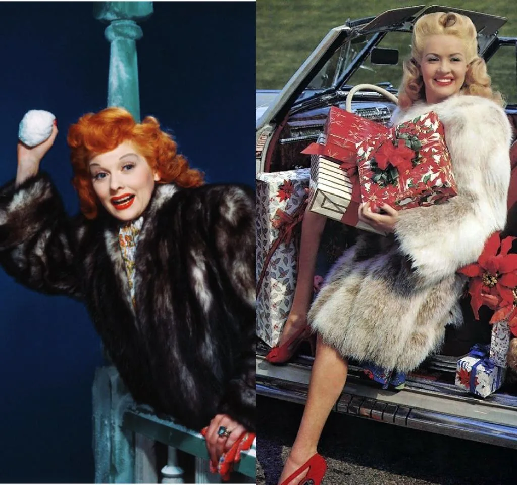 Images of Lucille Ball and Betty Grable in vintage holiday outfits