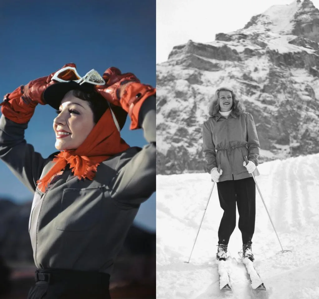 Images of Claudette Colbert and Rita Hayworth skiing in the 1940s.