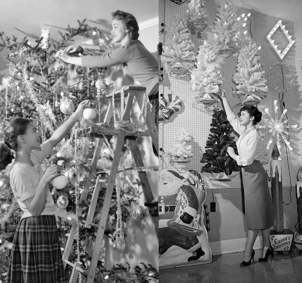 Images of Christmas trees and decorations from the 1950s