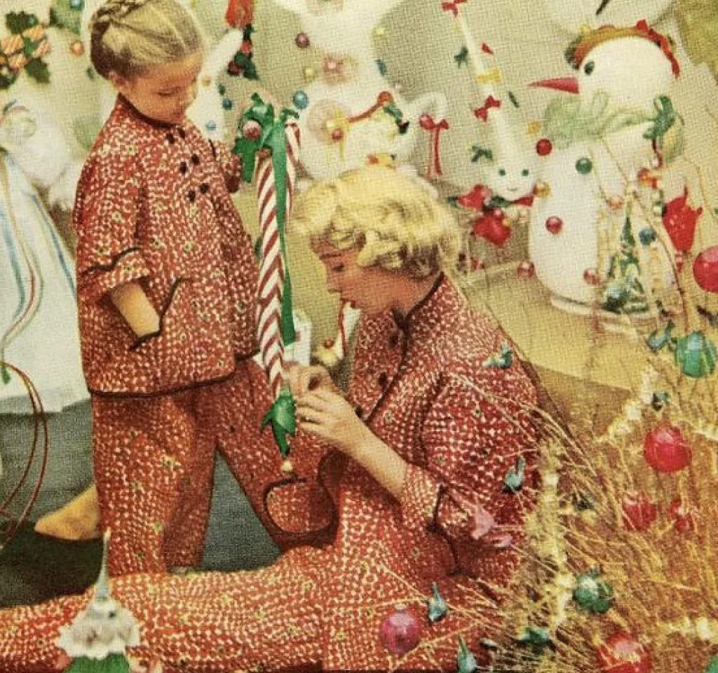 Images of a woman and daughter wearing matching pajamas in the 1950s.