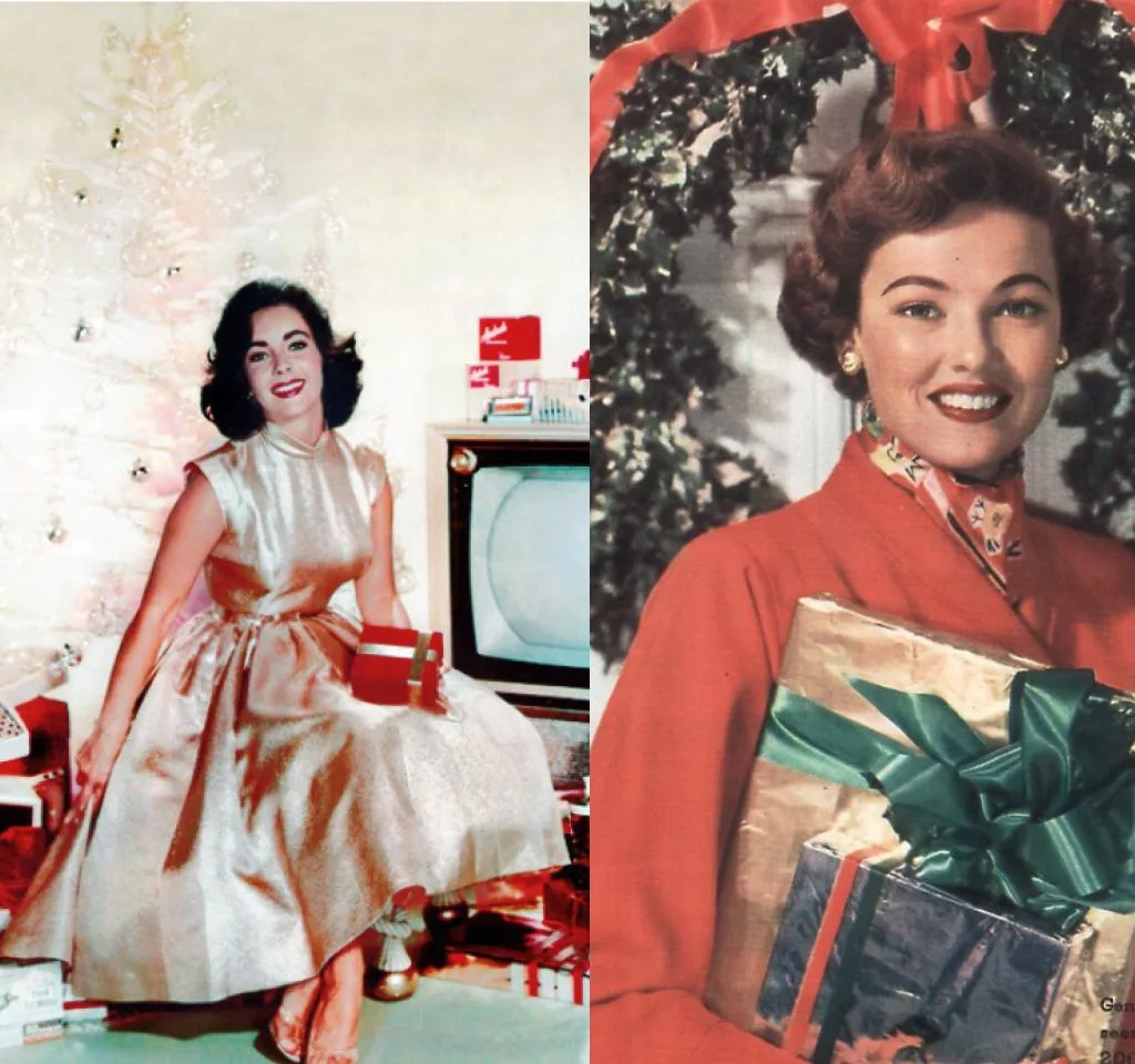 Images of Elizabeth Taylor and Gene Tierney during Christmastime in the 1950s.