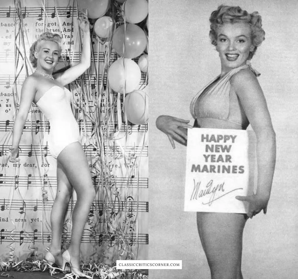 Images of pinup girls Betty Grable and Marilyn Monroe