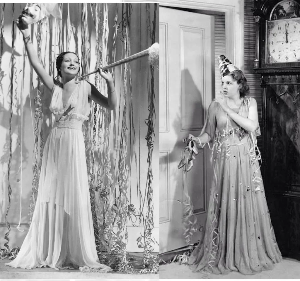 Old Hollywood actresses Dorothy Lamour and Judy Garland wearing 1940s evening dresses