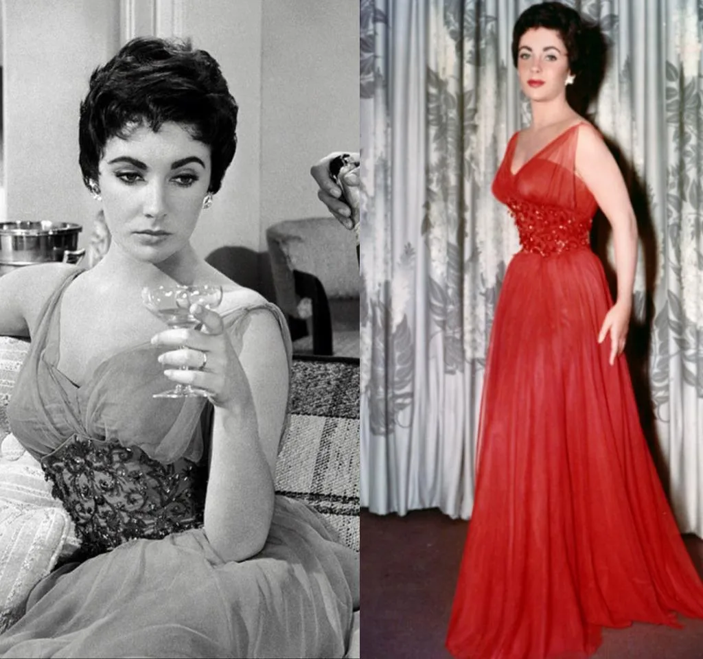 Images of Elizabeth Taylor in a 1950s evening gown