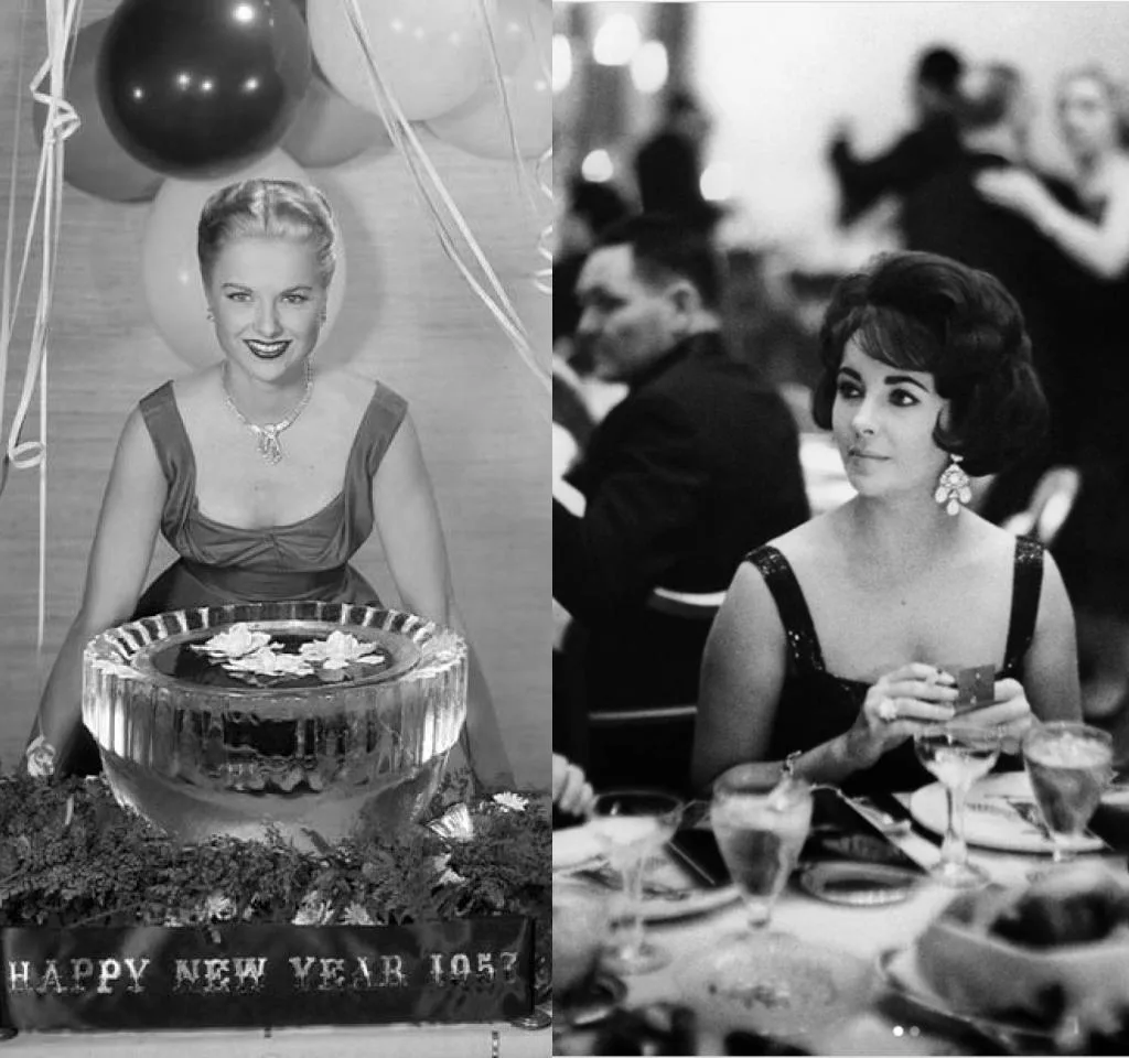 Images of Martha Hyer and Elizabeth Taylor wearing 1950s evening gowns