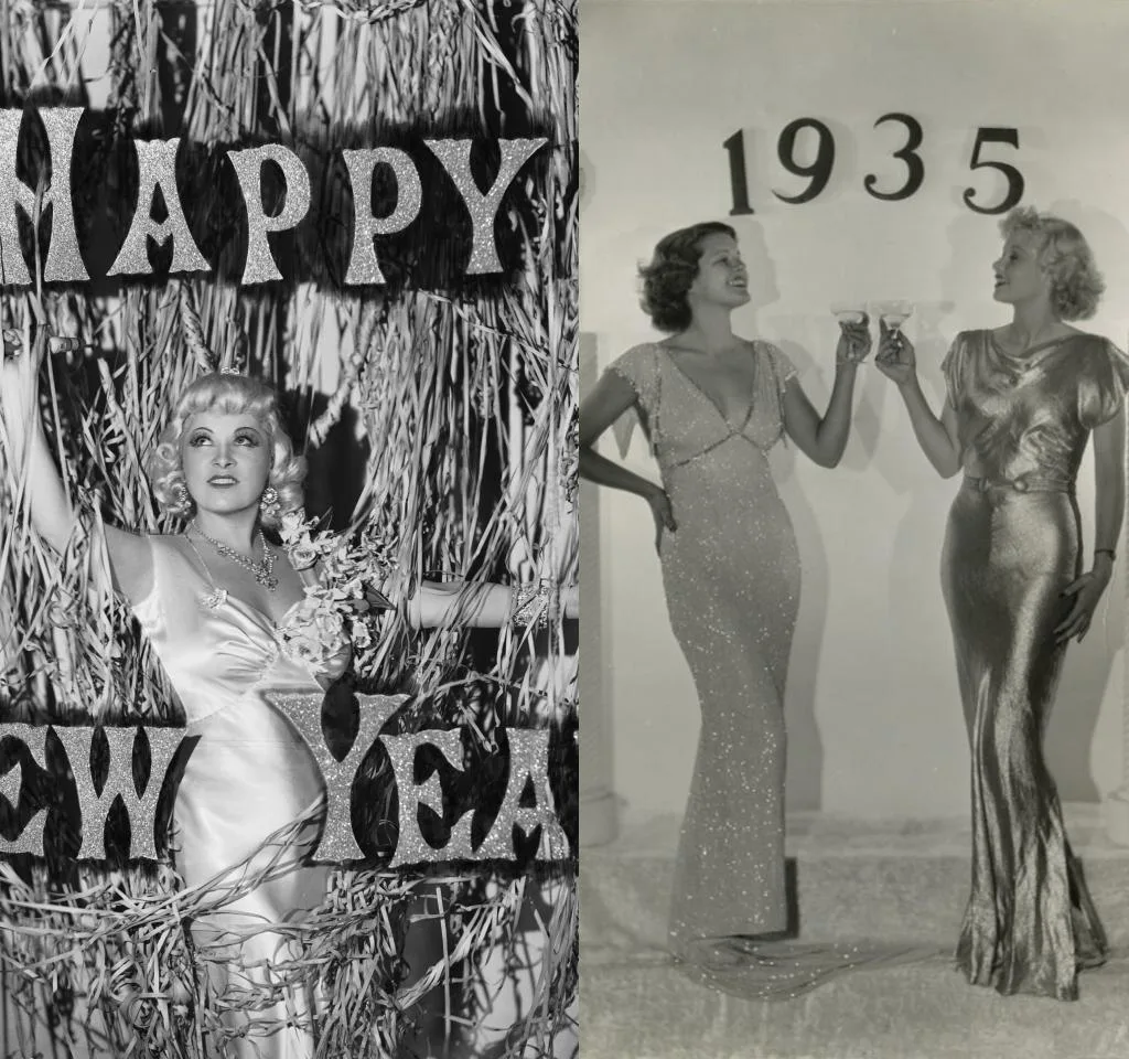 Images of Mae West and Billie Seward wearing New Years Eve Dresses