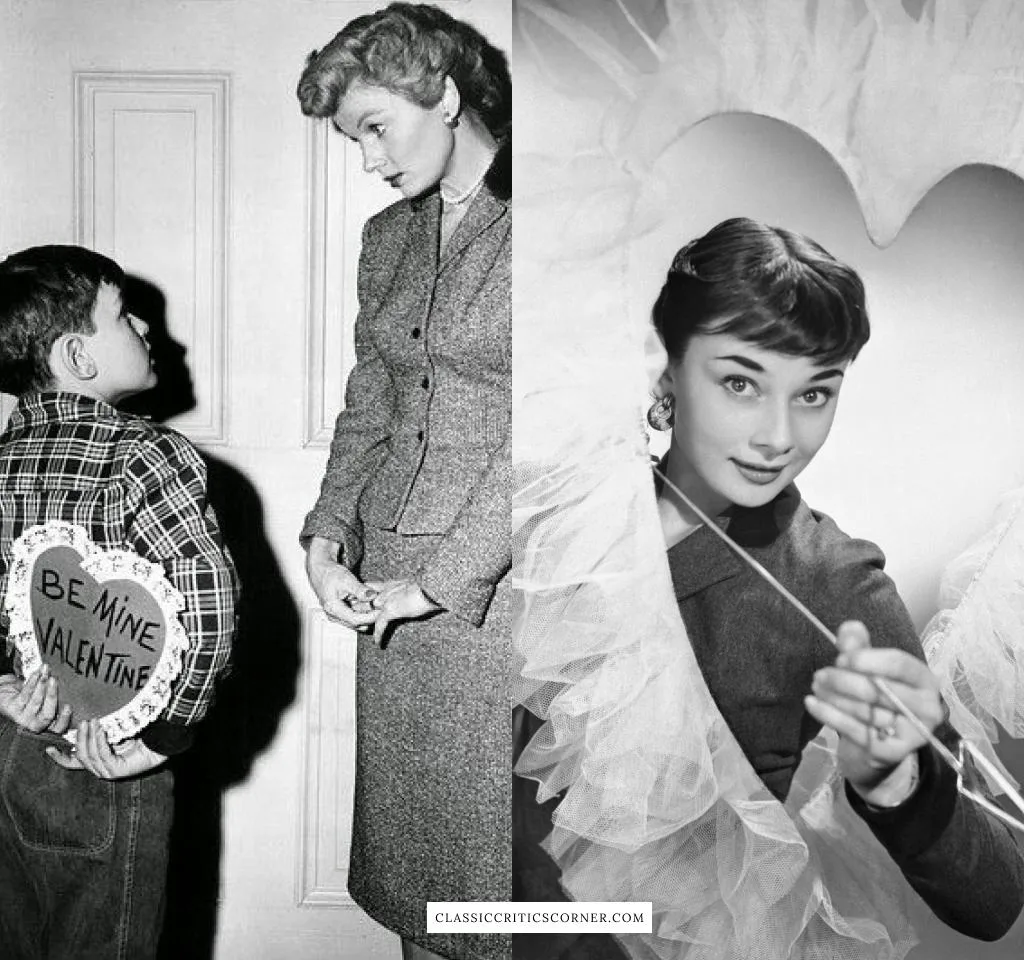 Images of Audrey Hepburn and Barbara Billingsley dressed in 1950s Valentines Outfits