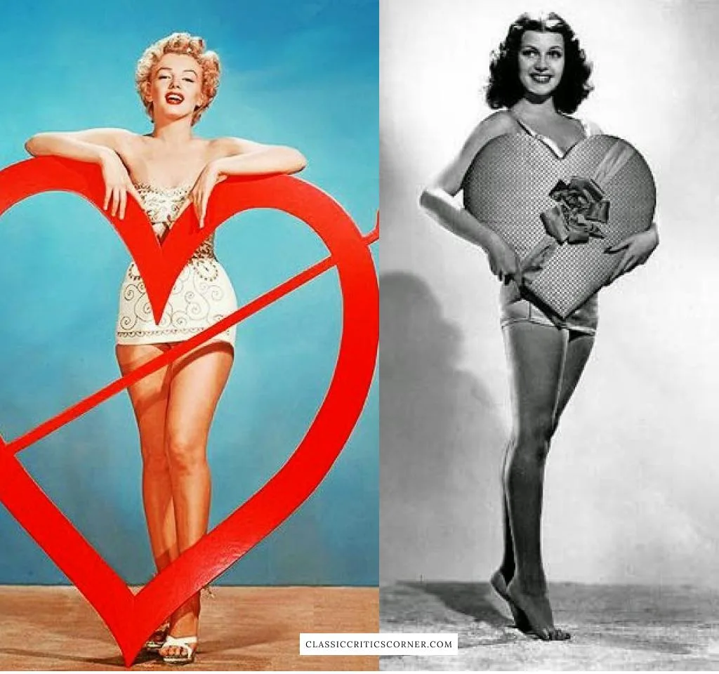 Image of Rita Hayworth and Marilyn Monroe dressed in Vintage Valentines Outfits 