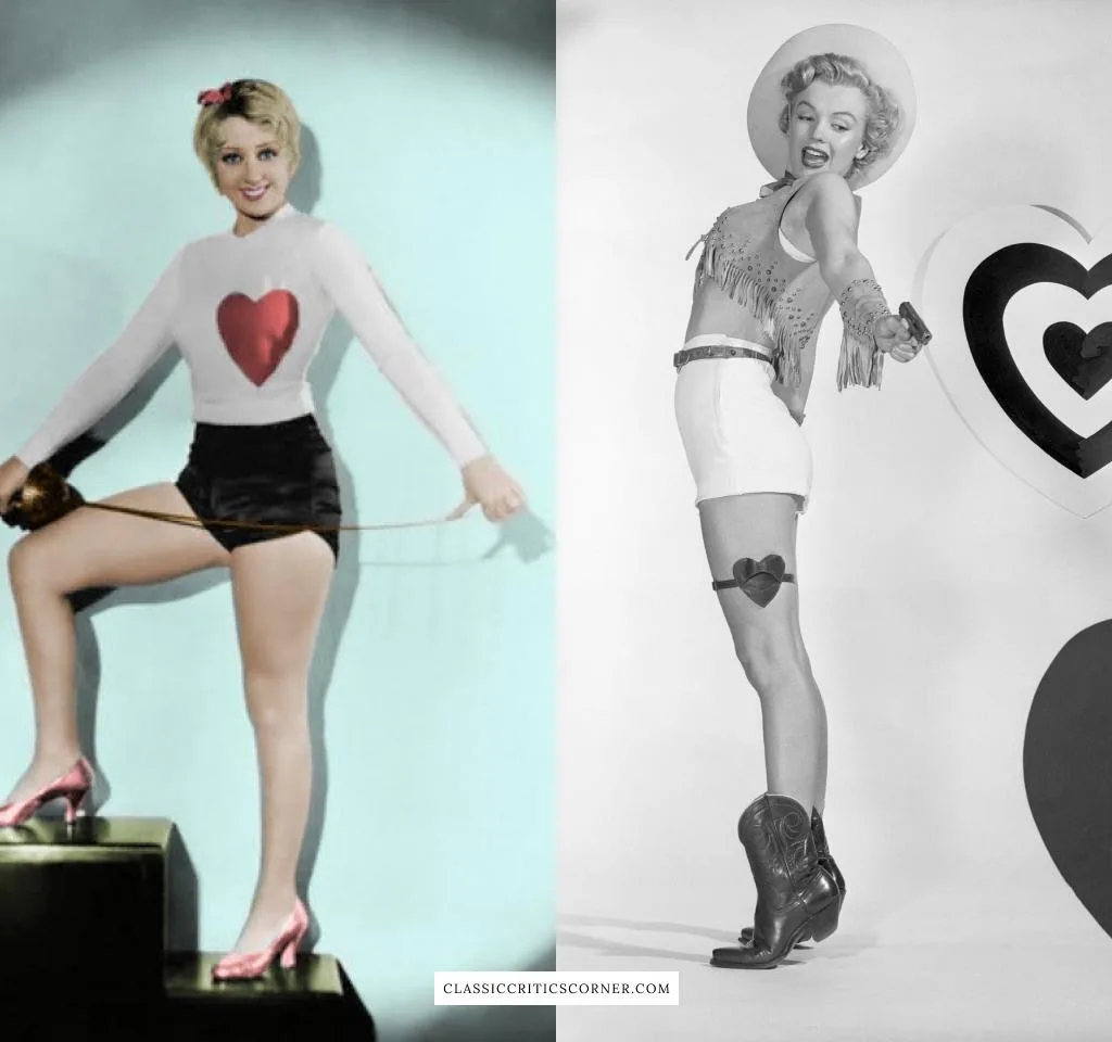 Images of Joan Blondell and Marilyn Monroe wearing Valentines Day Outfits