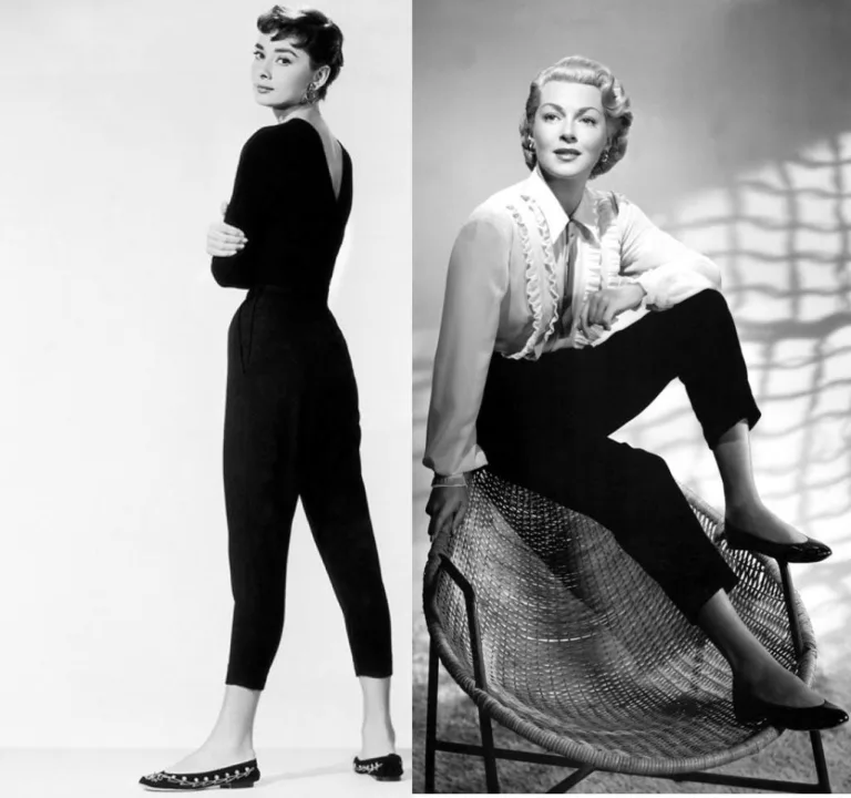 Images of Audrey Hepburn and Lana Turner in 1950s pedal pusher pants