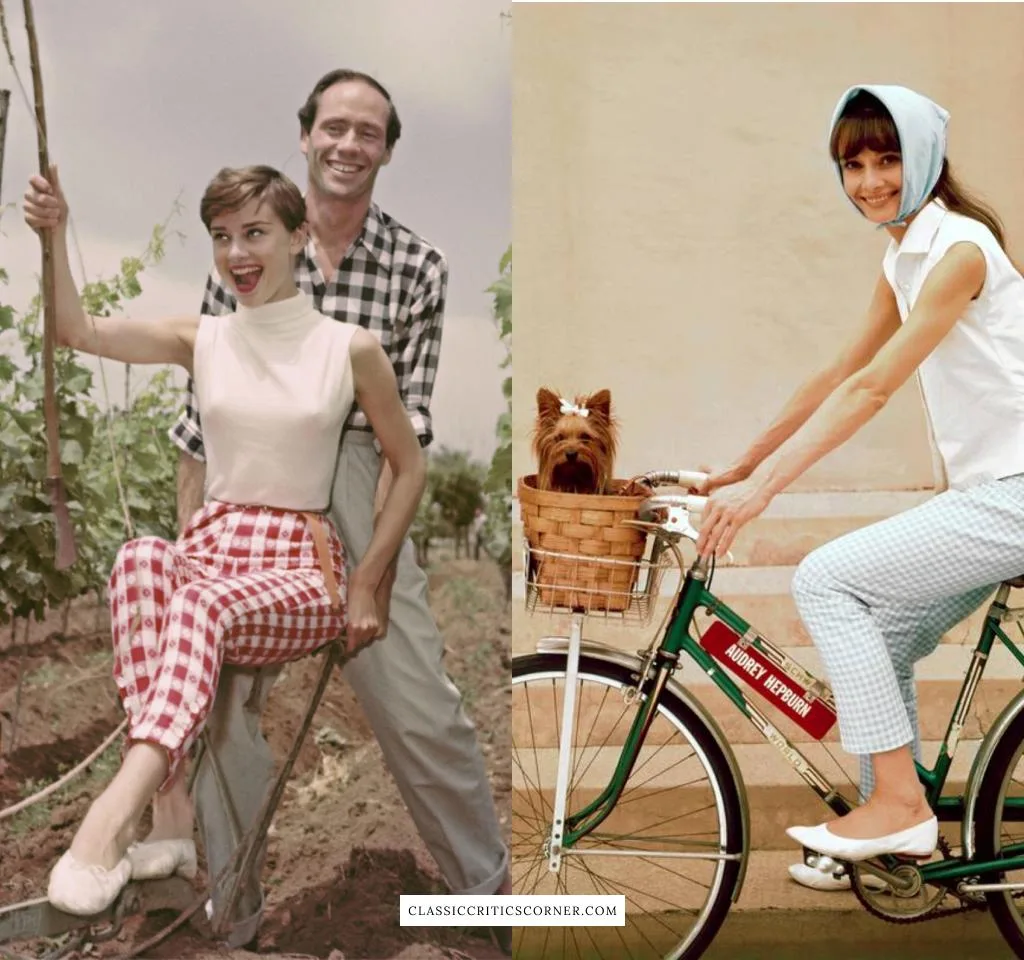 Images of Audrey Hepburn wearing pedal pushers in the 1950s and 1960s.