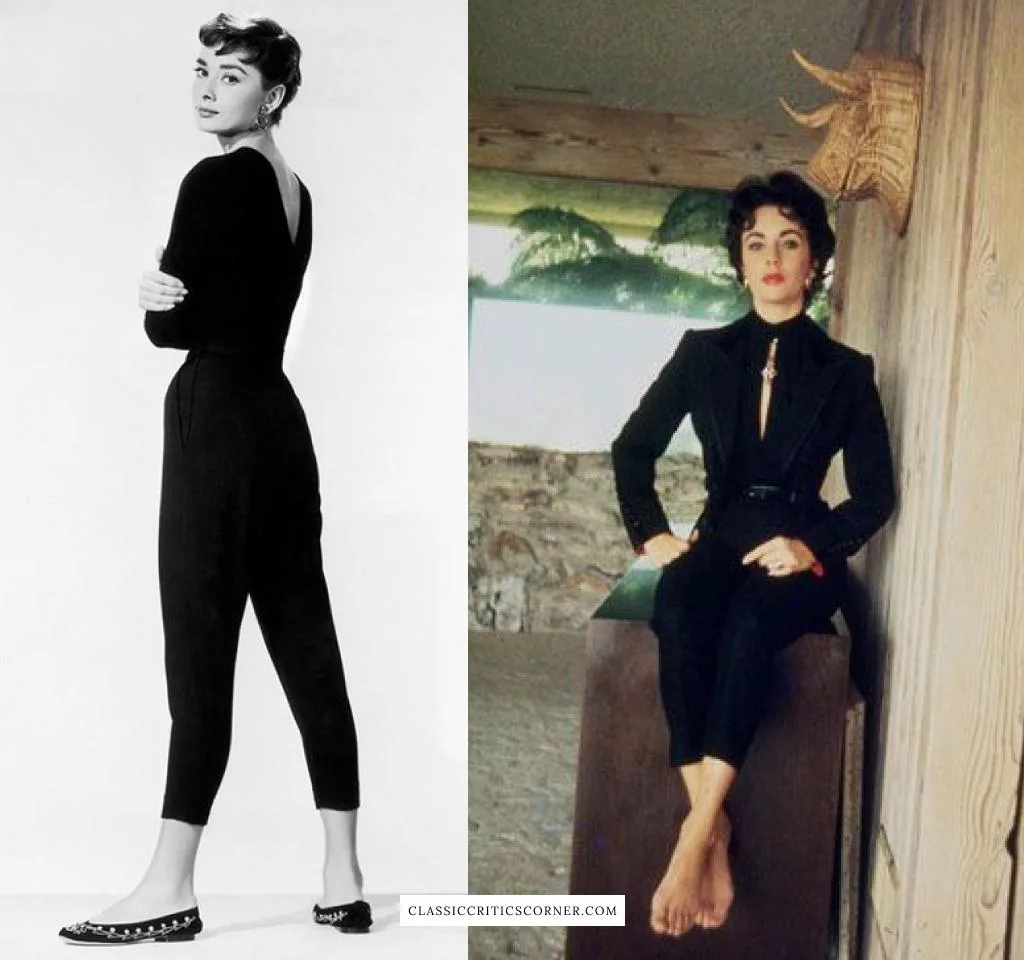 Images of Audrey Hepburn and Elizabeth Taylor wearing 1950s pedal pusher pants