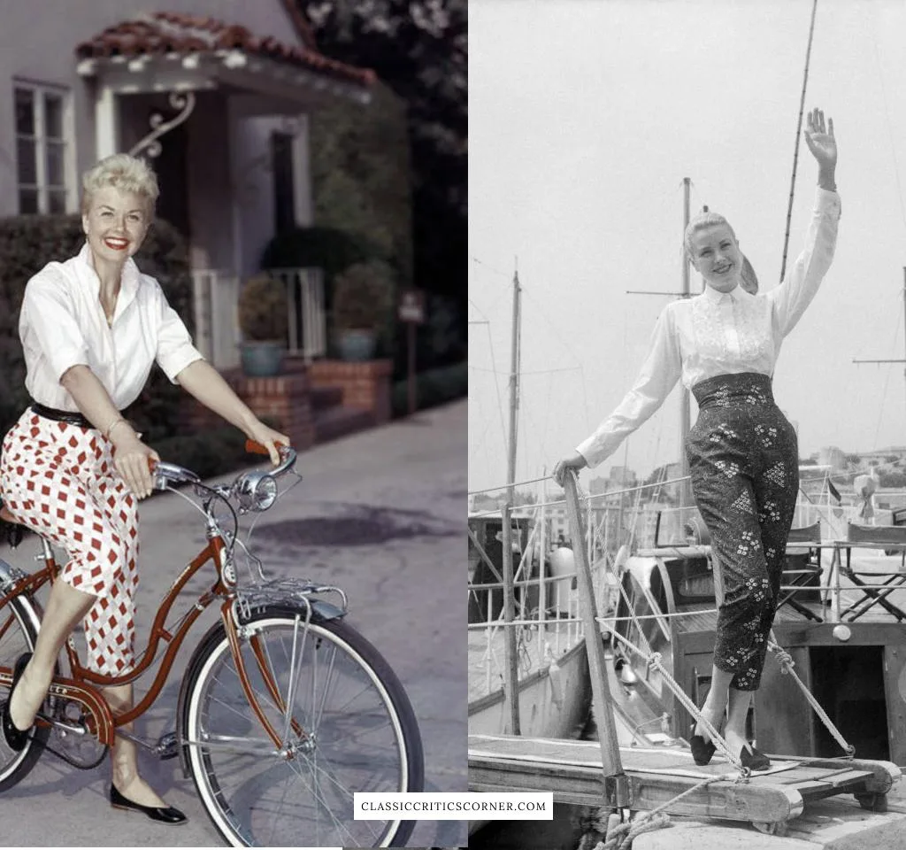 Images of Doris Day and Grace Kelly wearing capri pants in the 1950s.