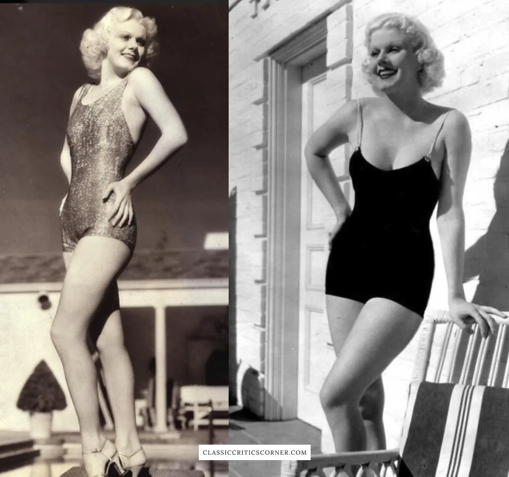 Images of Jean Harlow wearing 1930s swimsuits