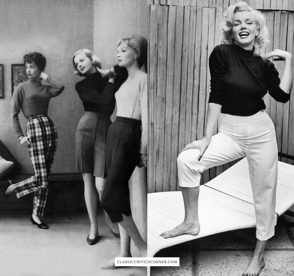 Images of Marilyn Monroe and models wearing 1950s pedal pusher pants.