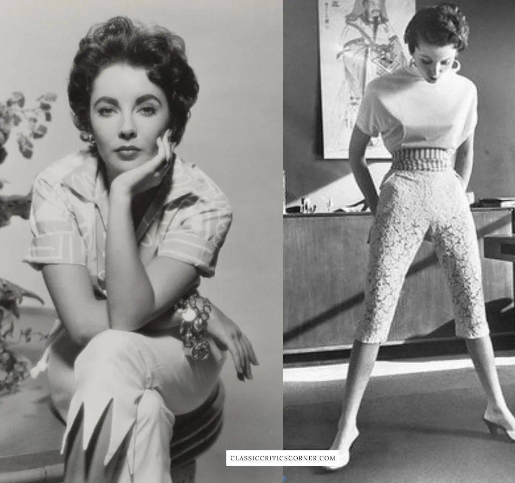 Images of 1950s pedal pushers outfits worn by Elizabeth Taylor and fashion models