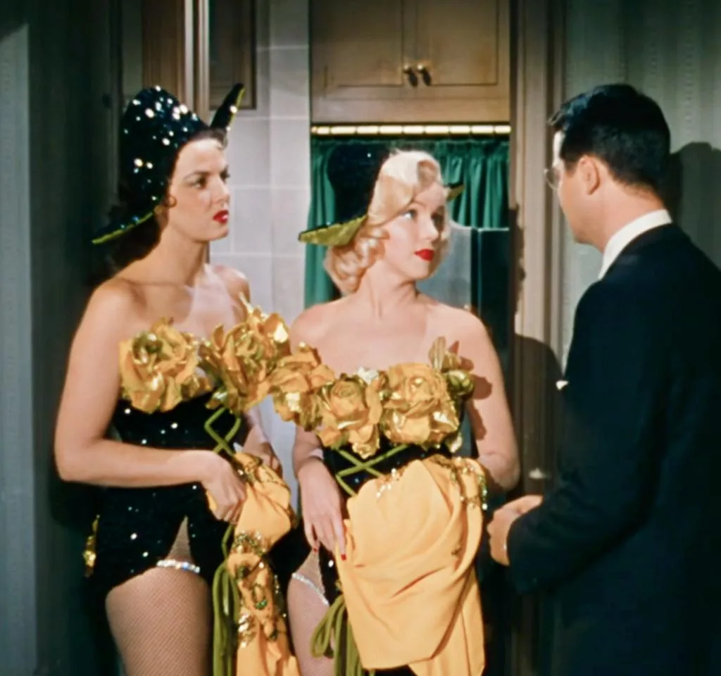 Image of Jane Russell and Marilyn Monroe wearing corsets in Gentlemen Prefer Blondes