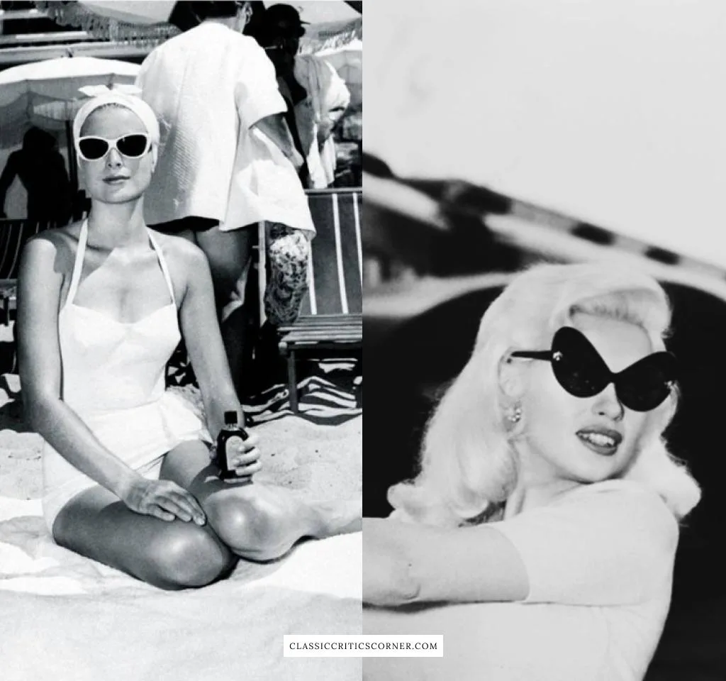 Images of Grace Kelly and Jayne Mansfield wearing cat eye glasses