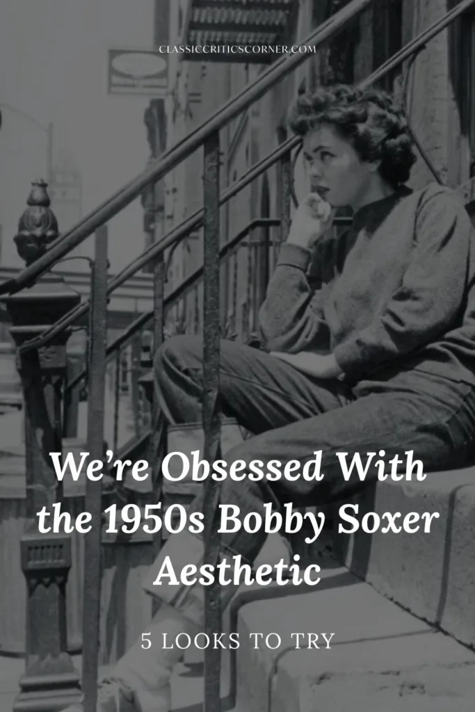 Image of 1950s bobby soxer with text overlay "We're obsessed with the 1950s Bobby Soxer aesthetic"