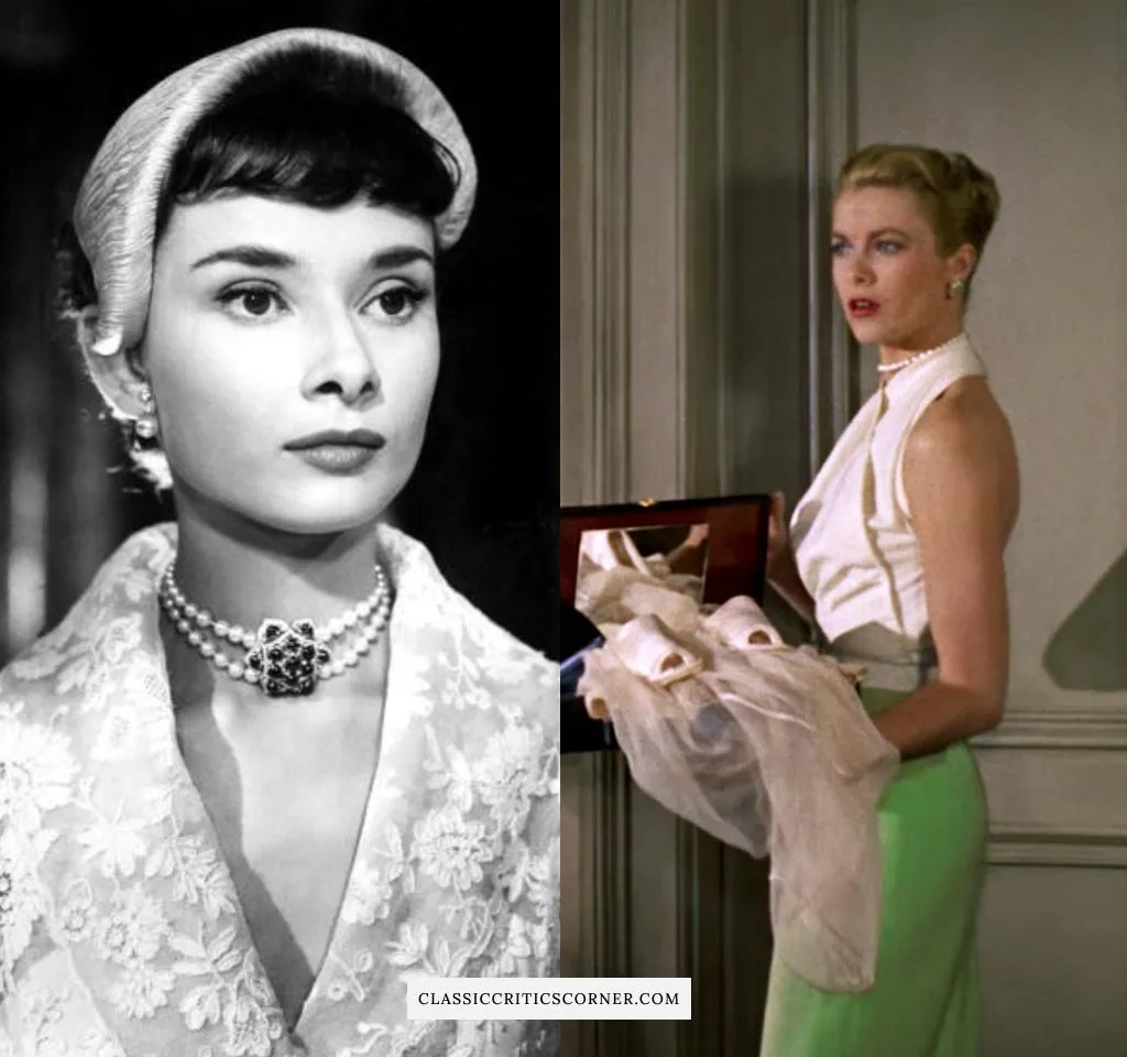 Images of Audrey Hepburn and Grace Kelly wearing 1950s earrings