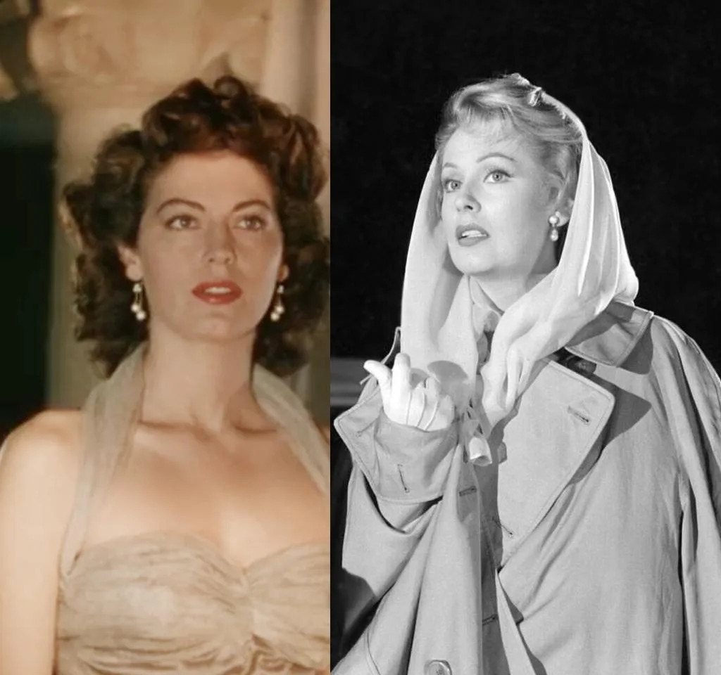 Images of Ava Gardner and Arlene Dahl wearing 1950s earrings