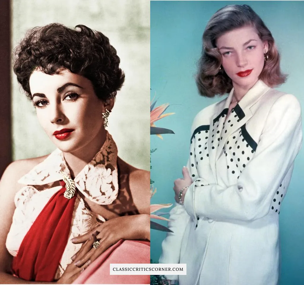 Images of Elizabeth Tayor and Lauren Bacall in the 1950s